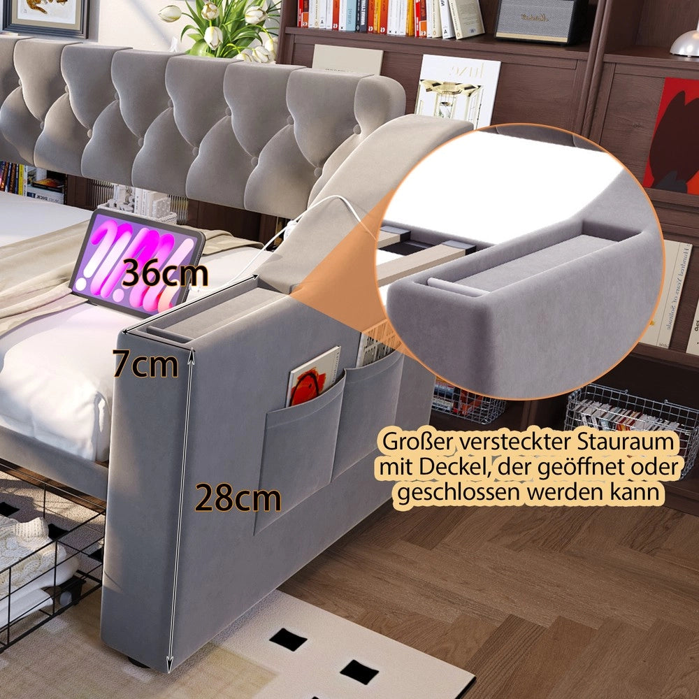 Letto Imbottito Singolo con Cassetto e USB ¨C MINIMAL ¨C Velluto Grigio Chiaro 90x190