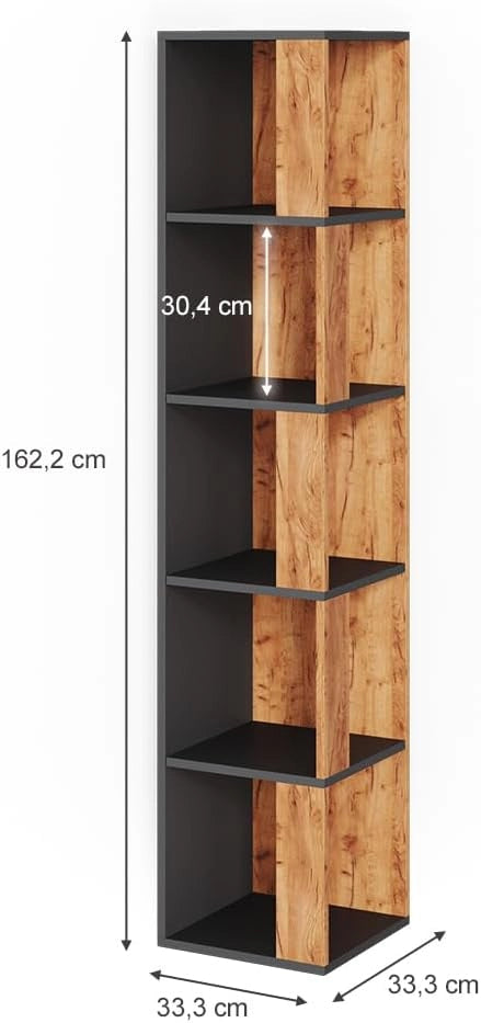 Scaffale angolare Lio, Quercia dorata, 33.3 x 162.2 cm, per riporre libri e decorazioni negli angoli della stanza
