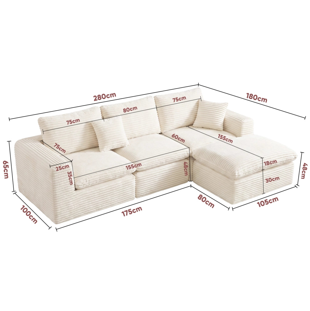 Divano modulare 3 in 1 componibile; tessuto a coste beige; in schiuma e molle