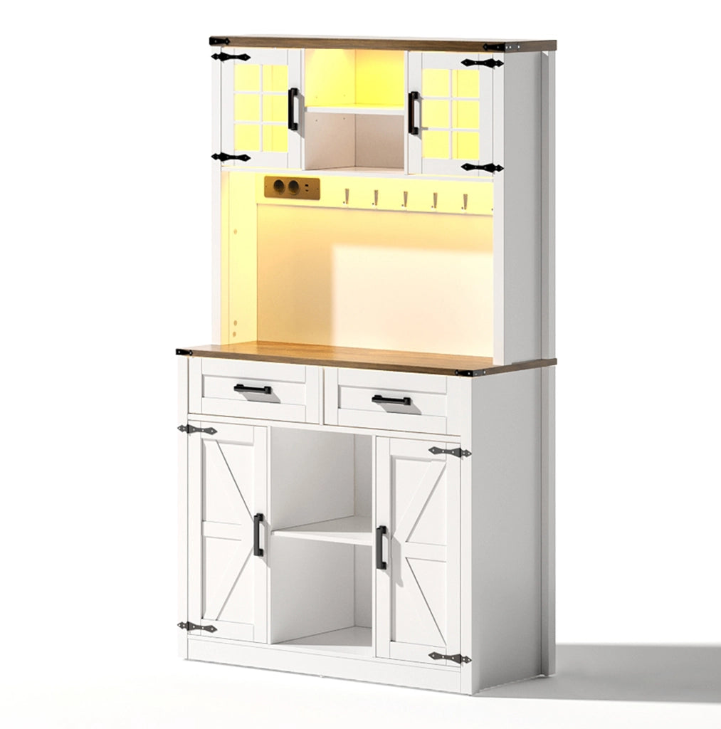 Mobile bar con LED regolabili e prese, madia da cucina con ampio spazio in MDF bianco e marrone