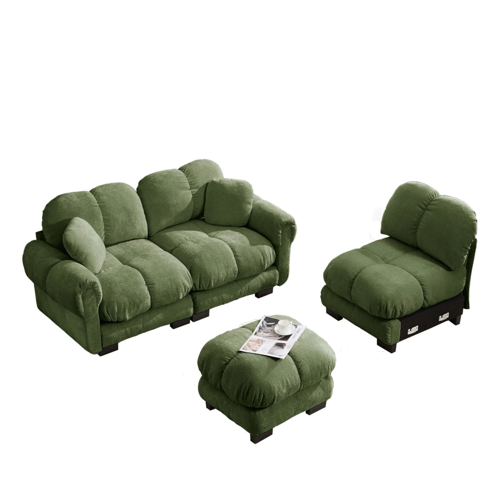Divano angolare modulare a 3 posti in chenille verde; 260x149x90 cm; con pouf mobile