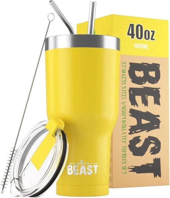 Bicchiere termico 1100 ml, per un uso singolo con 2 canne e spazzola di pulizia, tazza termica a doppia parete in acciaio inossidabile