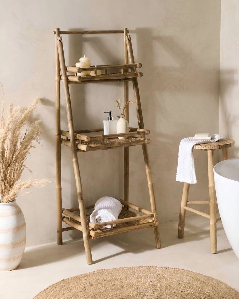 Scaffale in bambù naturale per bagno con 3 ripiani pieghevoli decorativo in stile scandinavo moderno