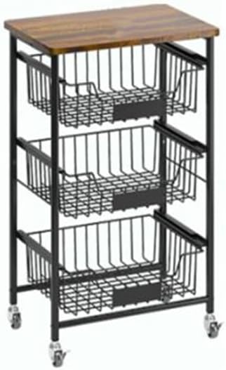 Carrello da Cucina a 4 Piani, Carrello Mobile con 3 Cestini Estraibili e Etichette, Piano in Legno, Cestini Portaoggetti per Frutta e Verdura, 42 x 31 x 74 cm