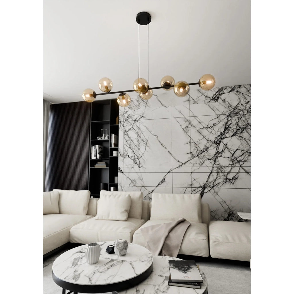 Lampadario Contemporaneo 8 Luci Durga In Acciaio Nero E Sfere In Vetro Ambra