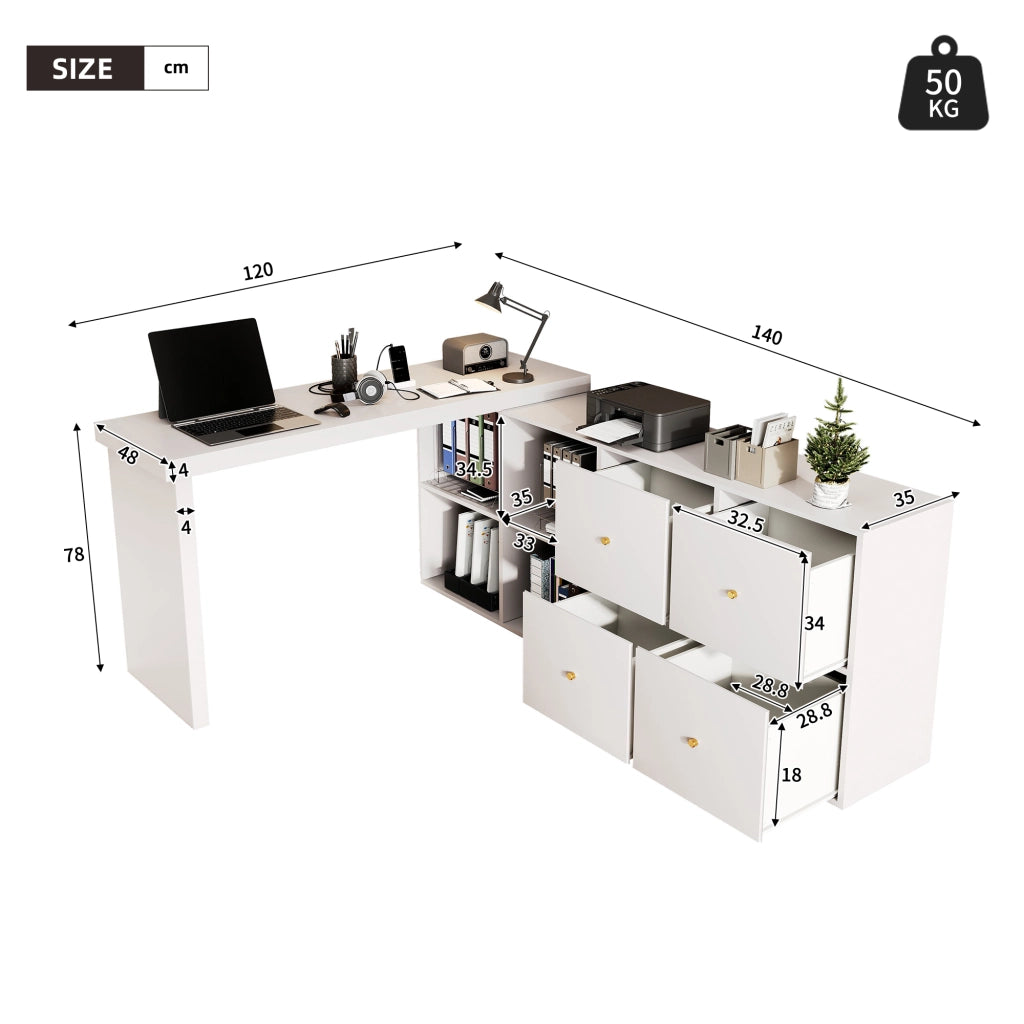 Scrivania angolare girevole 360° in MDF bianco con 4 vani, 4 cassetti, struttura 4 cm, 120×48×78 cm + 140×35×74 cm