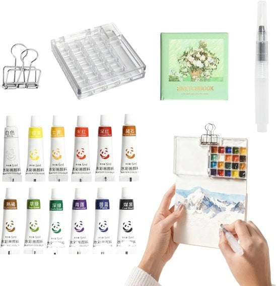 Mini-set aquarello 12 colori con pennello acqua, quaderno e clip, set aquarello mini portatile per principianti, bambini e artisti