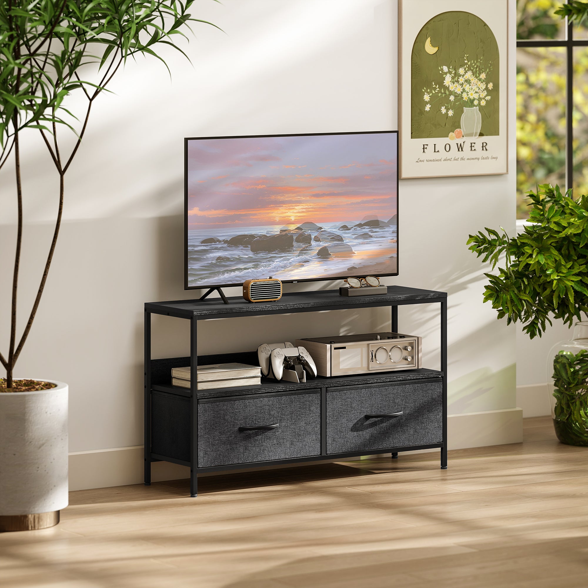Mobile Porta TV 98x29x56 cm da 47" con Cassetti Pieghevoli in Tessuto e Mensola in Metallo e MDF Nero