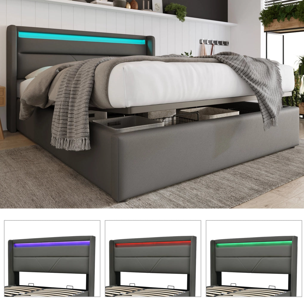 Letto matrimoniale contenitore 140x200 cm grigio con testiera illuminata e rete salvaspazio