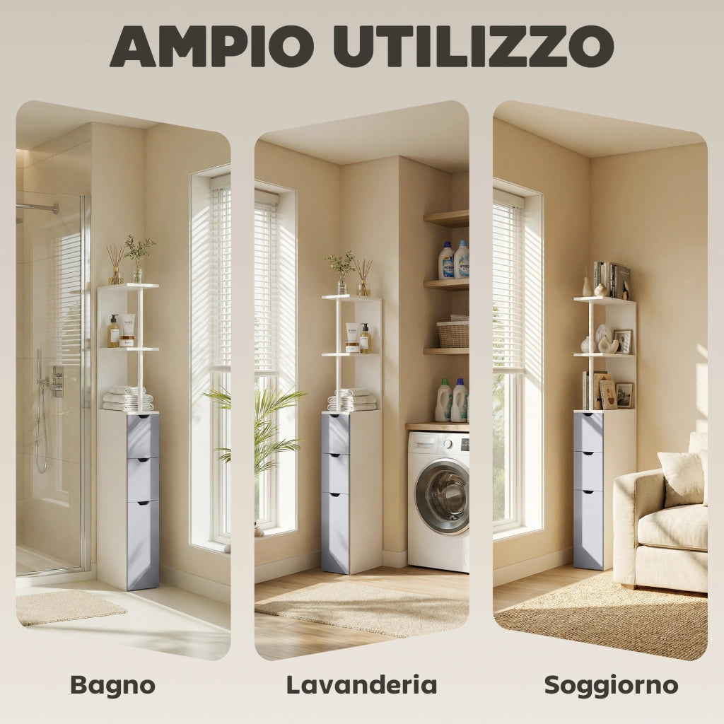 Mobile Bagno Salvaspazio con Armadietto, Ripiani e Cassetti ¨C Zephmum ¨C Grigio Chiaro 15x33x136.8 cm