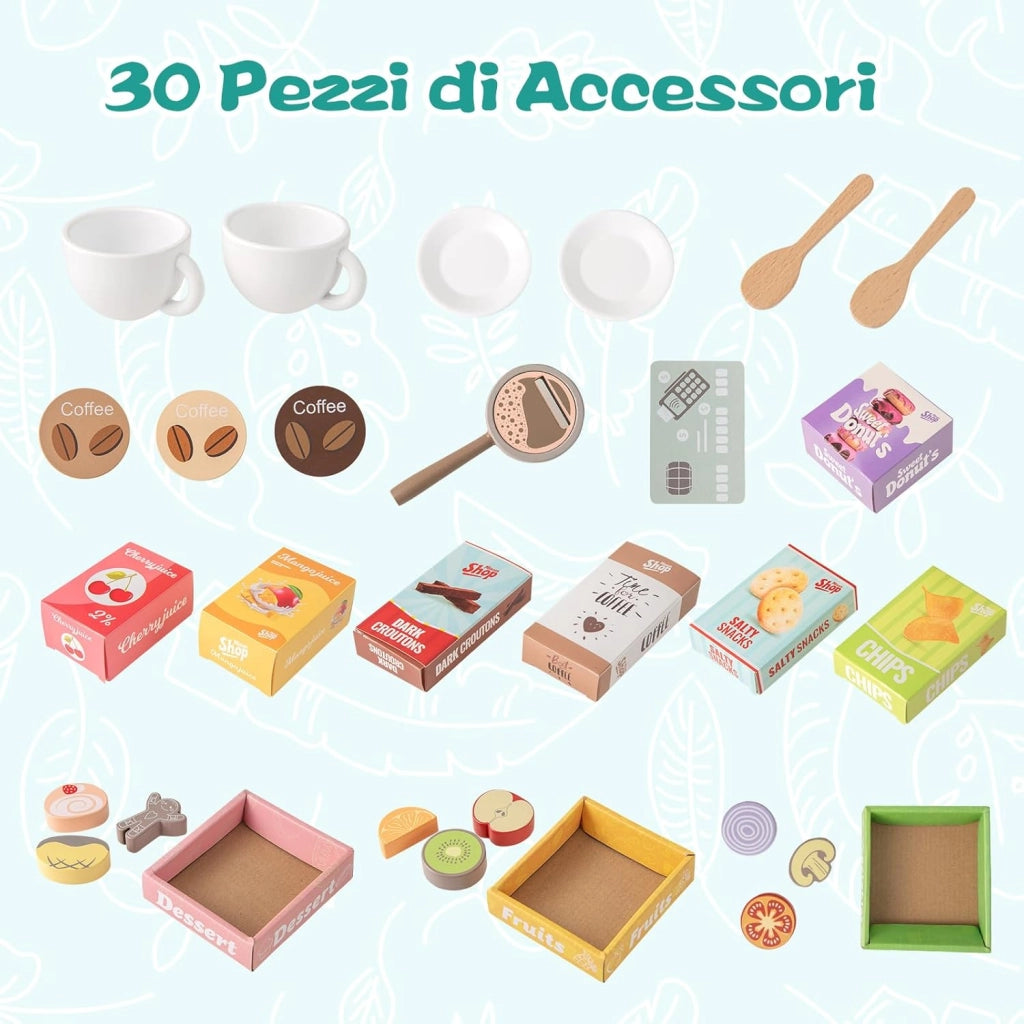 Mercato Giocattolo per Bambini con Cassa, Negozio Giocattolo in Legno con Macchina Caffè e Distributore Automatico, Banco Mercato Giocattolo con Scaffali e 30 Accessori, per Bambini 3+ Anni