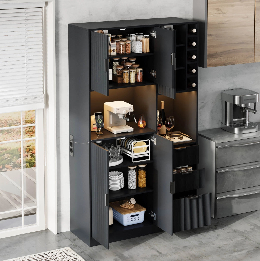 Mobile da cucina 105x40x180 cm con 3 cassetti; LED multicolore e prese USB-C; nero