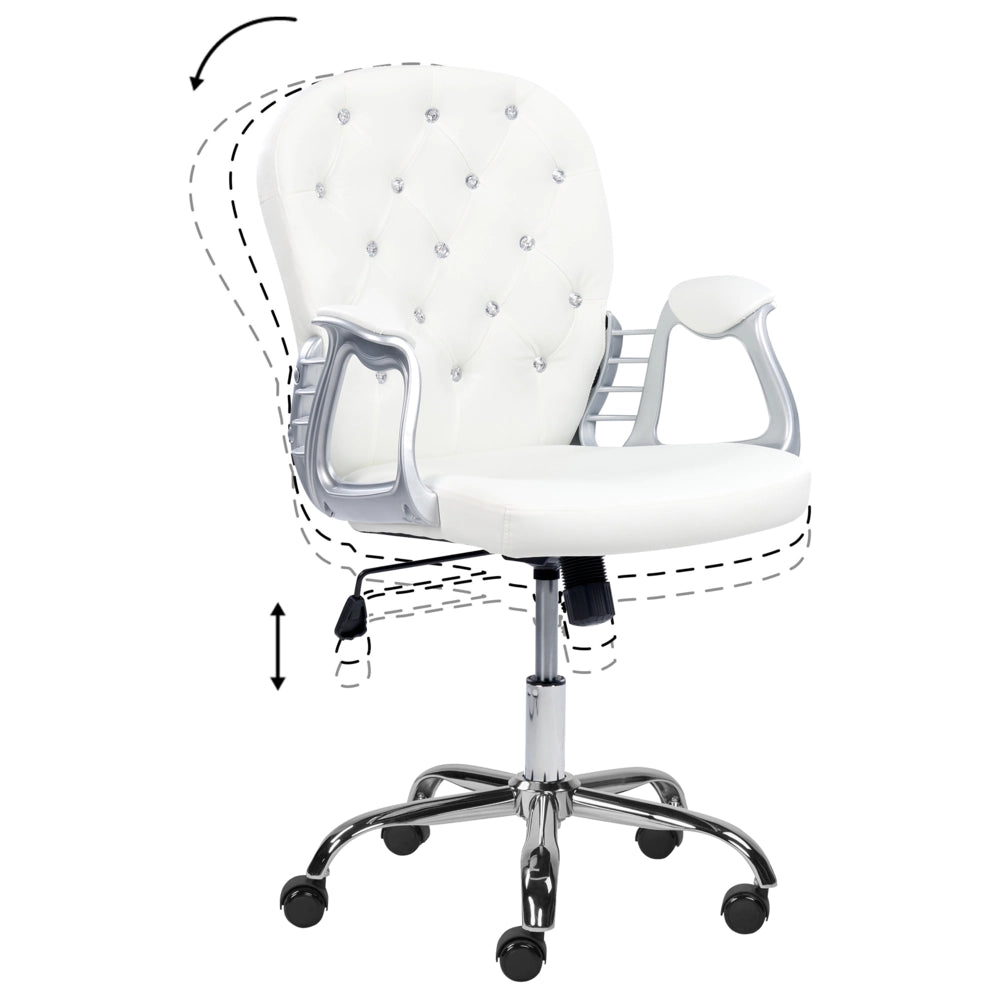 Sedia da ufficio in pelle sintetica bianco con cristalli e altezza regolabile e schienale trapuntato stile retrò moderno