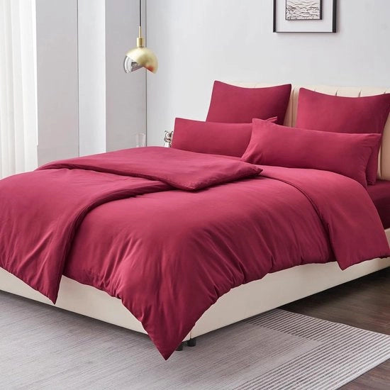 Duvetino 135 x 200 cm, 4 pezzi, rosso - copriletto 135 x 200 cm, 4 pezzi, con cuscino, set di lenzuola microfibra con chiusura a zip, morbido e stirato senza problema