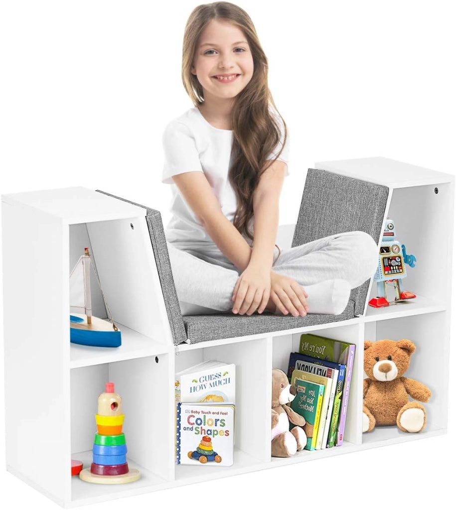 Libreria con Cuscino da Seduta, 6 Scomparti e 2 Ripiani con Panca Cameretta dei Bambini, Ufficio, Bianco