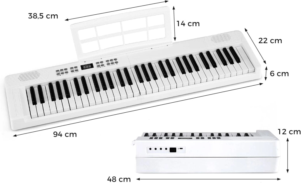 Pianoforte digitale pieghevole a 61 tasti, tastiera con auricolari, pedale, leggio, pianoforte digitale con 128 suoni e ritmi, tastiera per pianoforte con tasca (bianco)