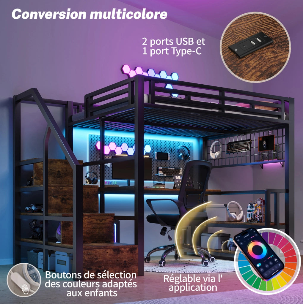 Letto a soppalco ULEVR 140x200 cm con scrivania, LED, USB e contenitori, metallo e MDF nero