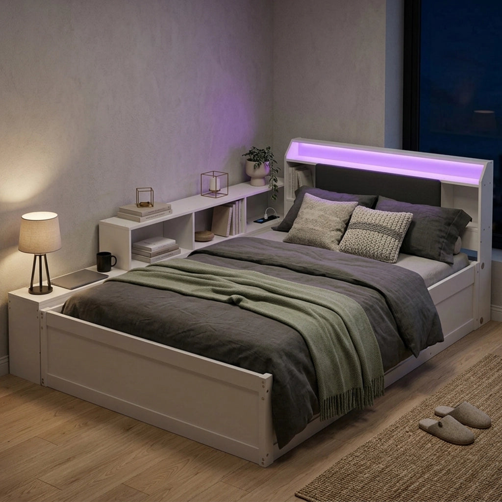 Letto in legno da 120x200 cm, con luci a LED, ripiani e prese di ricarica, testiera imbottita, bianco