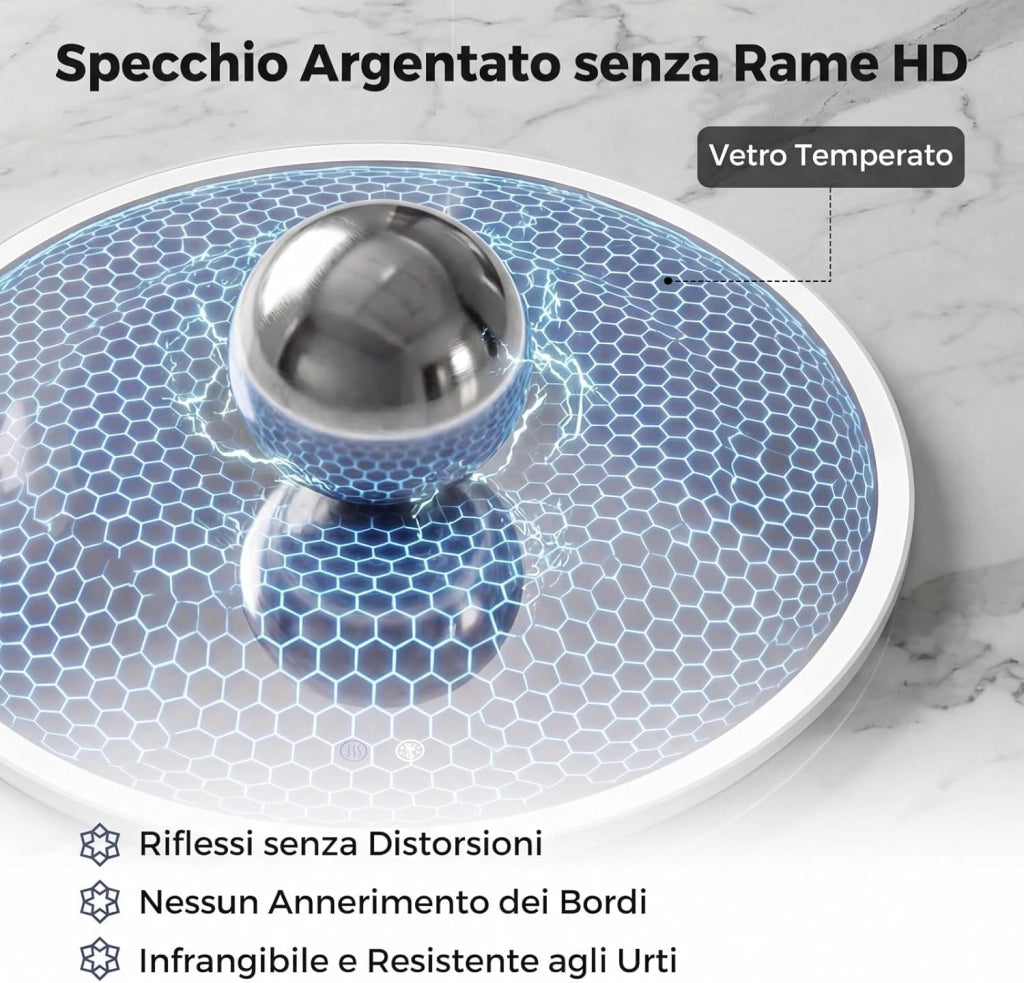 Specchio Rotondo con Luce 60 cm, Specchio Retroilluminato Bagno con 3 Colori Luce, Antideflagrante, Antiappannamento, Luminosità Regolabile, IP44, Memoria e Vetro Temperato HD (60 x 60 cm)