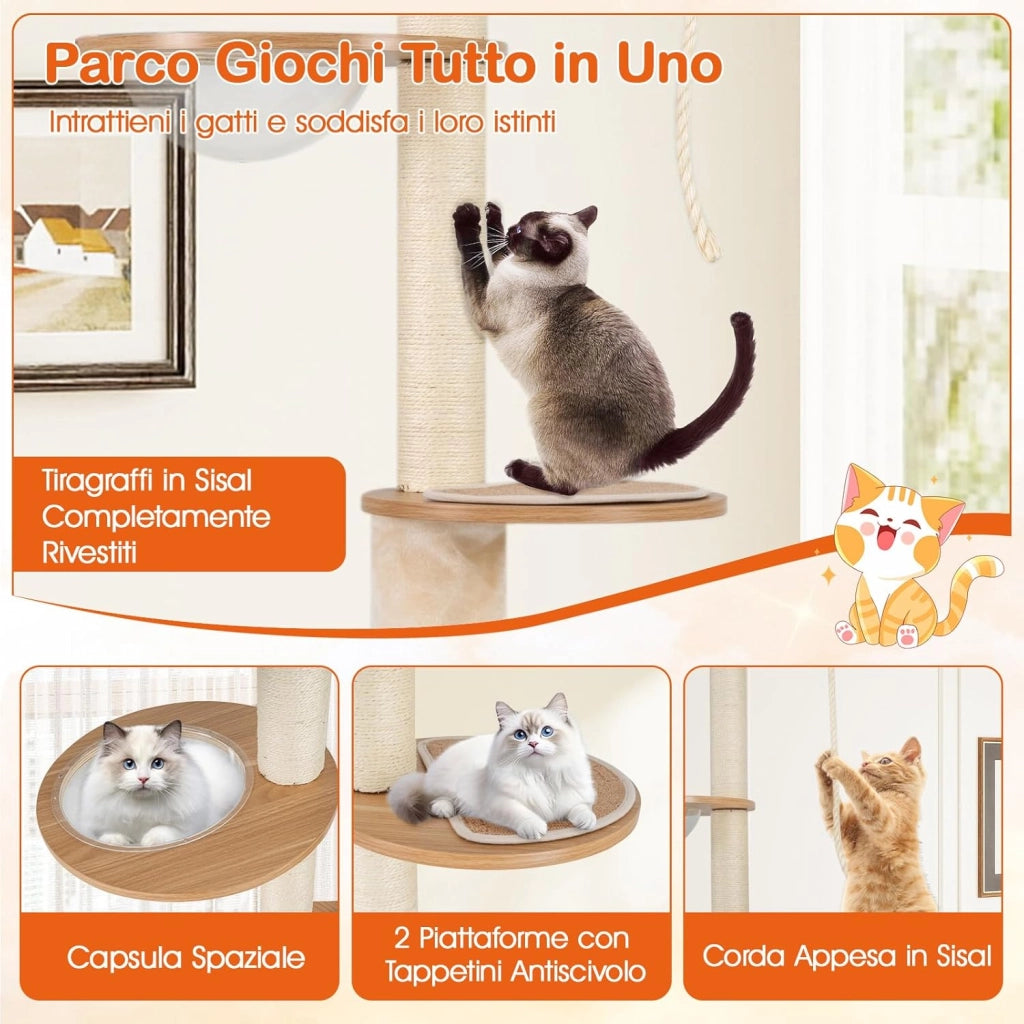 Albero per Gatti Alto 256-275 cm, Tiragraffi per Gatti con Lettiera, Capsula Spaziale, Condominio, Pali Graffiatori in Sisal e Piattaforme per Salto, Mobile per Gattini da Interno