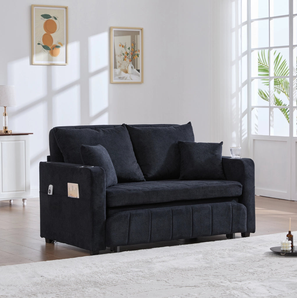 Divano letto 139x83x58 cm in ciniglia nera con USB e portabicchieri