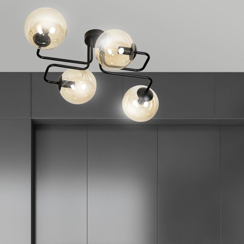 Lampada a sospensione Brendi in metallo nero e vetro ambra