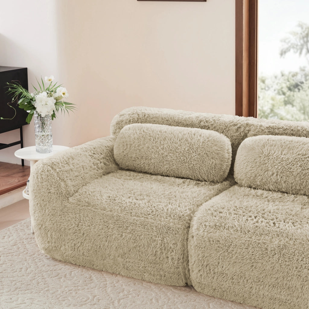 Divano modulare a U 378x179x73 cm in tessuto, beige chiaro, con cuscini, senza montaggio –