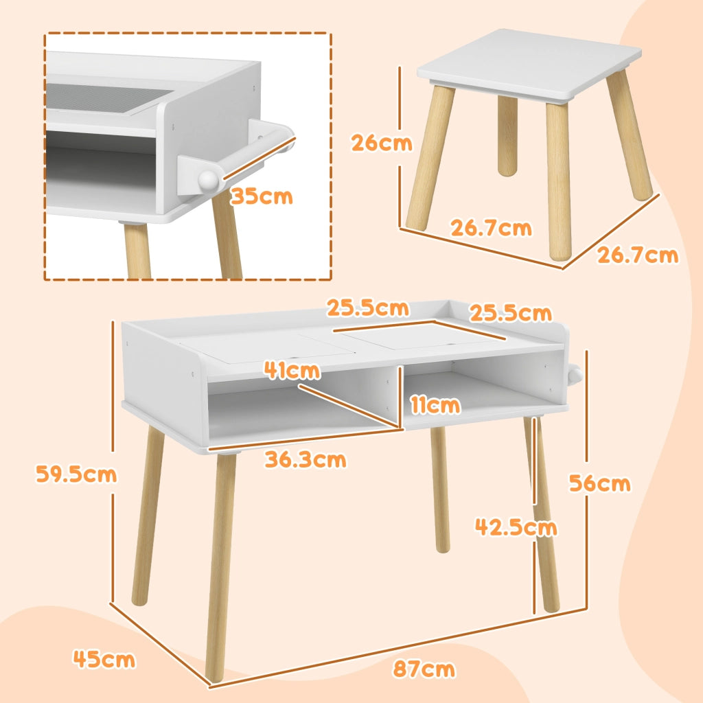 Tavolino Bambini con Sgabello e Piano Reversibile ¨C zephmum ¨C Bianco