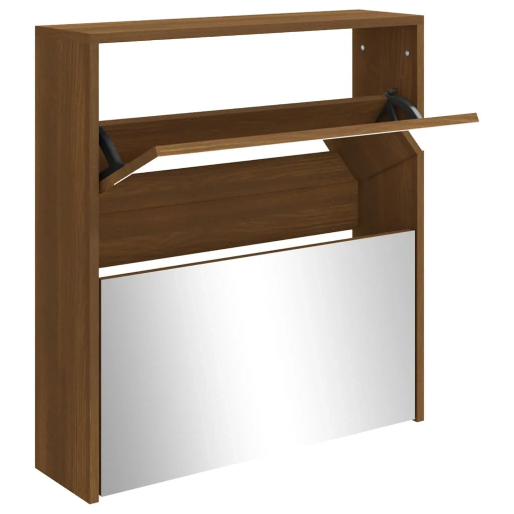 Scarpiera mobiletto portascarpe mobile ingresso/corridoio/soggiorno con specchio 2 livelli 63 x 17 x 67 cm marrone 02_0021894
