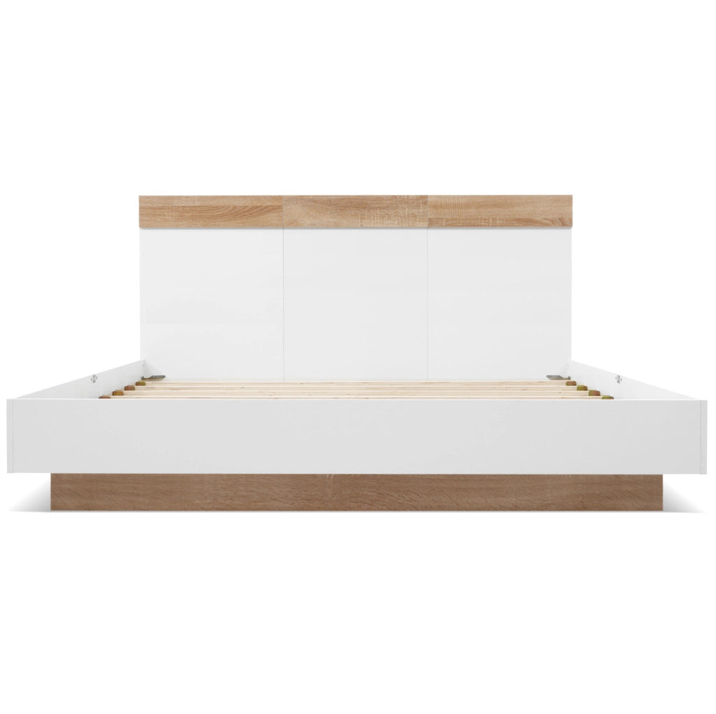Letto matrimoniale 140x200 cm sospeso con rete a doghe; legno bianco e rovere sonoma