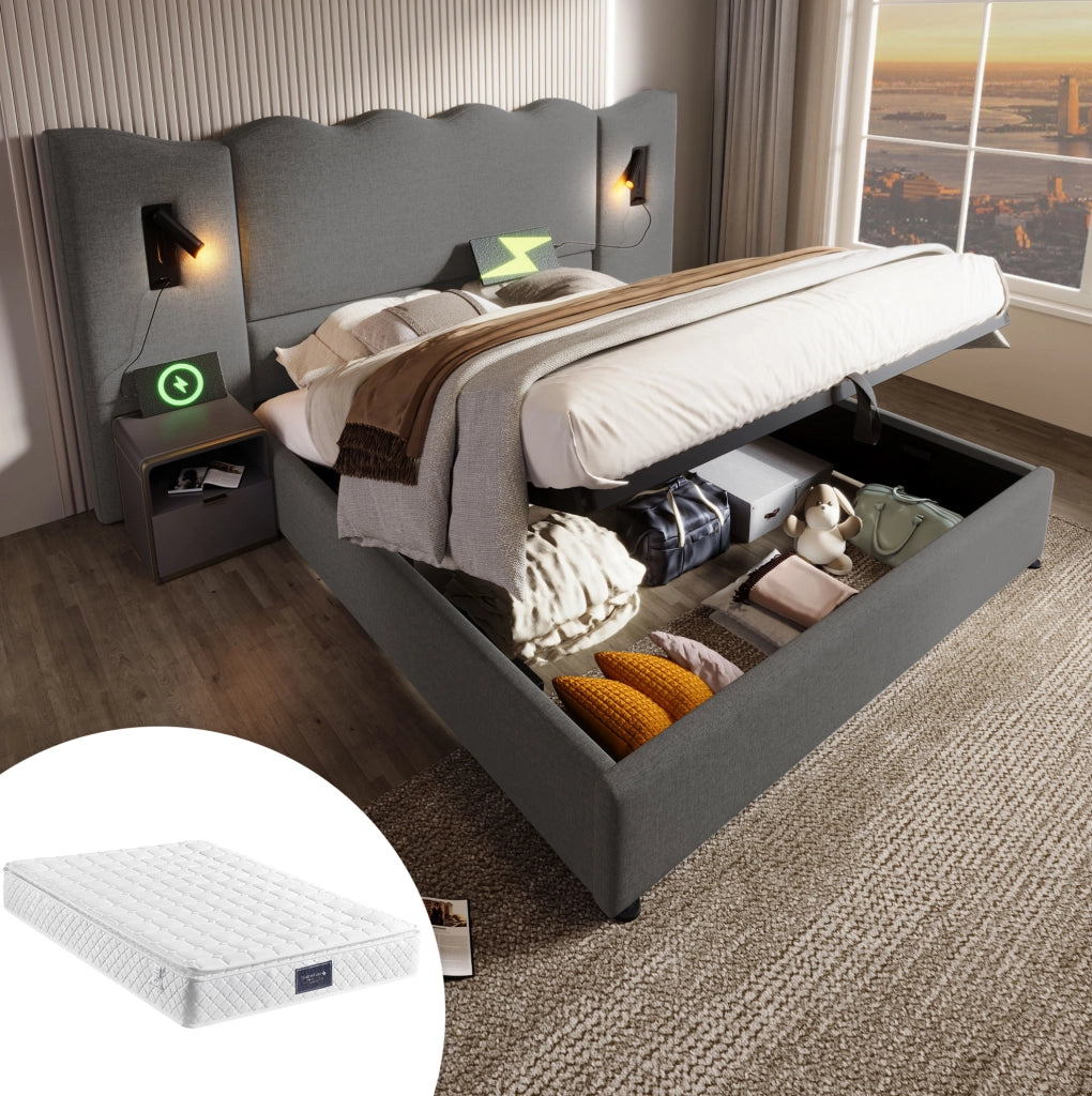 Letto matrimoniale 160x200 cm con contenitore; luce da lettura e porte USB Type-C; grigio