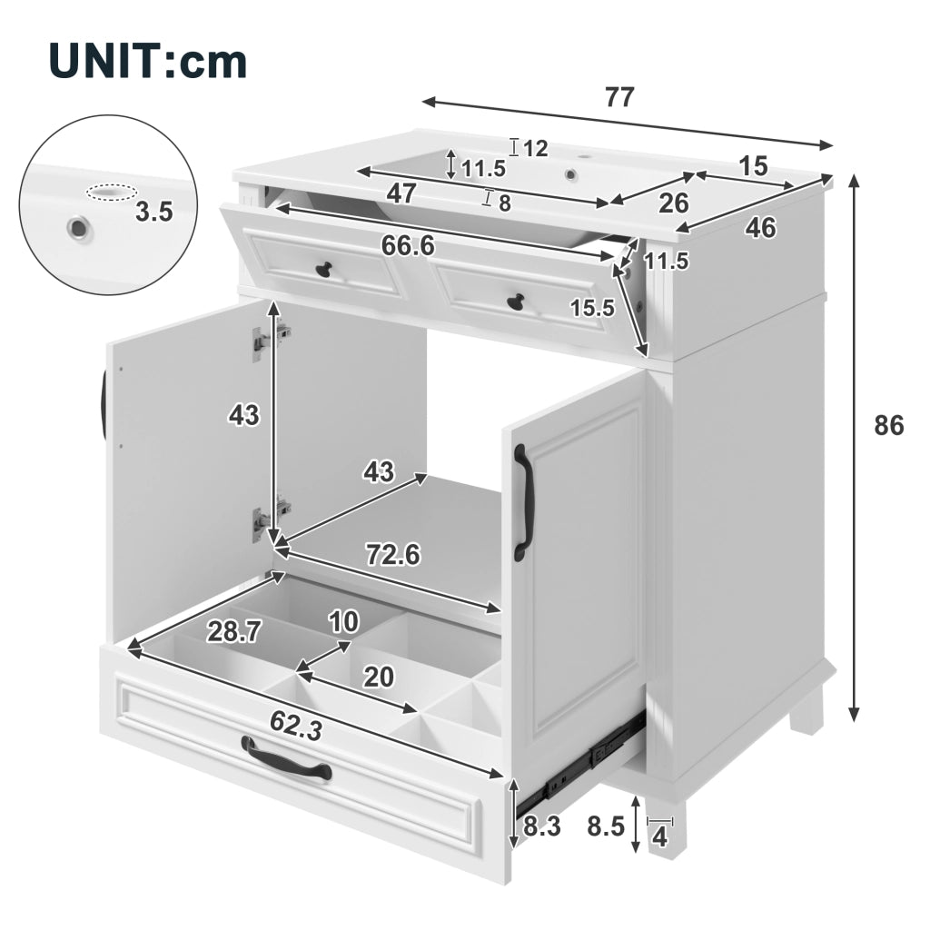 Mobile sottolavabo con lavabo in ceramica, 2 ante e 9 vani, per bagno, in MDF, bianco, 77 × 46 × 86 cm