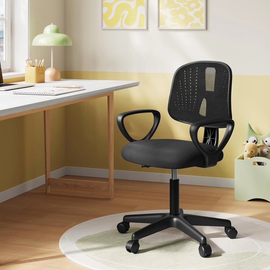 Sedia da Scrivania per Bambini, Sedia da Studio Girevole, Sedie Ergonomica con Ruote, Tessuto a Rete Traspirante, Sgabello Girevole con Schienale Regolabile Automaticamente, Nero, K0003BS