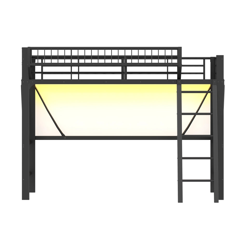 DESMIU Letto a soppalco 90 × 200 cm con cestino, luce LED e scala, senza materasso, in metallo, nero