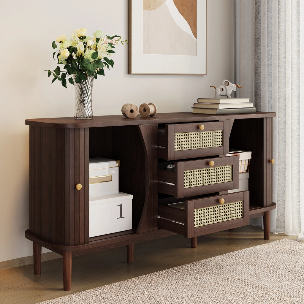 Credenza con 2 Ante Scorrevoli; 3 Cassetti in Rattan; Ripiani Regolabili e Piano Arrotondato; 140;5??40??76 cm; Naturale