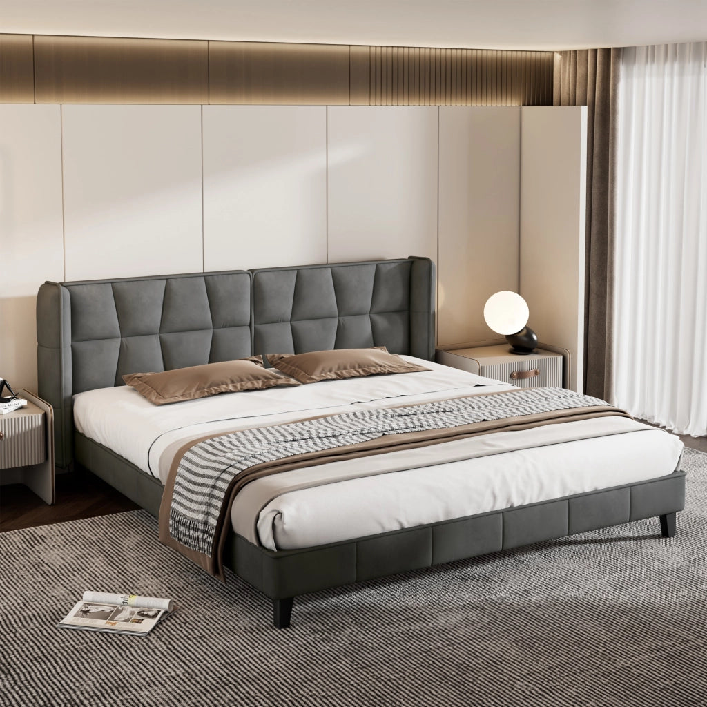 Letto imbottito matrimoniale 180x200 cm in velluto grigio con rete a doghe e testiera alta
