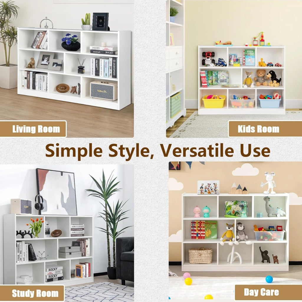 Libreria Aperta, 7 armadietti di 2 diverse dimensioni, mobile portaoggetti in legno con gambe antiscivolo, per libri e giocattoli, (bianco, 122 x 32 x 93 cm) (LK09392FQES-KF)