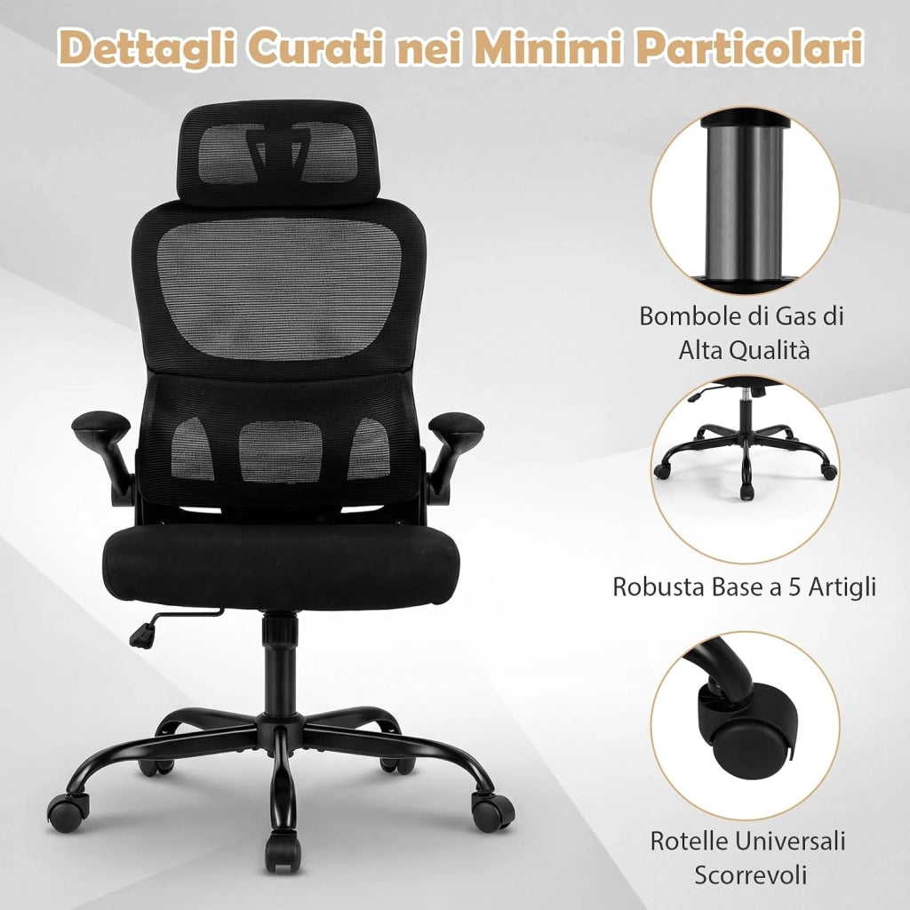 Sedia da Ufficio Ergonomica, Sedia da Scrivania Computer, Poggiatesta e Supporto Lombare, Regolabile in Altezza, Portata 120 kg, Nero
