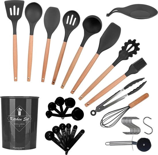 Set di accessori da cucina in silicone, 35 pezzi, set di accessori da cucina in silicone antiaderente, inclusi spatola, cucchiaio di schiuma, cucchiaio, forchetta per pasta, forchetta per pizza, uncino e altro (grigio scuro)