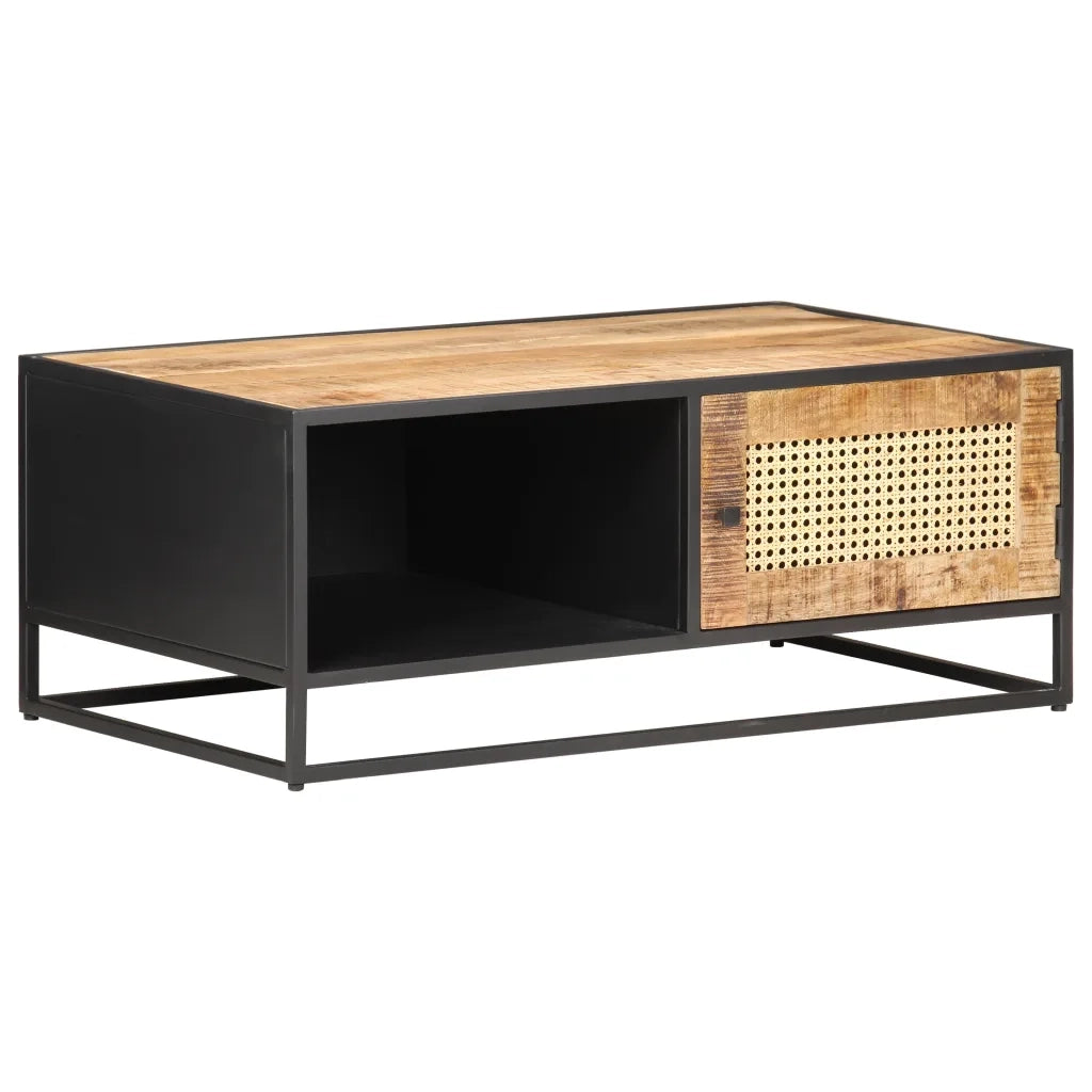 Tavolino da Salotto-Tavolino da soggiorno-Tavolo 90x50x35 cm Legno di Mango Grezzo e Canna