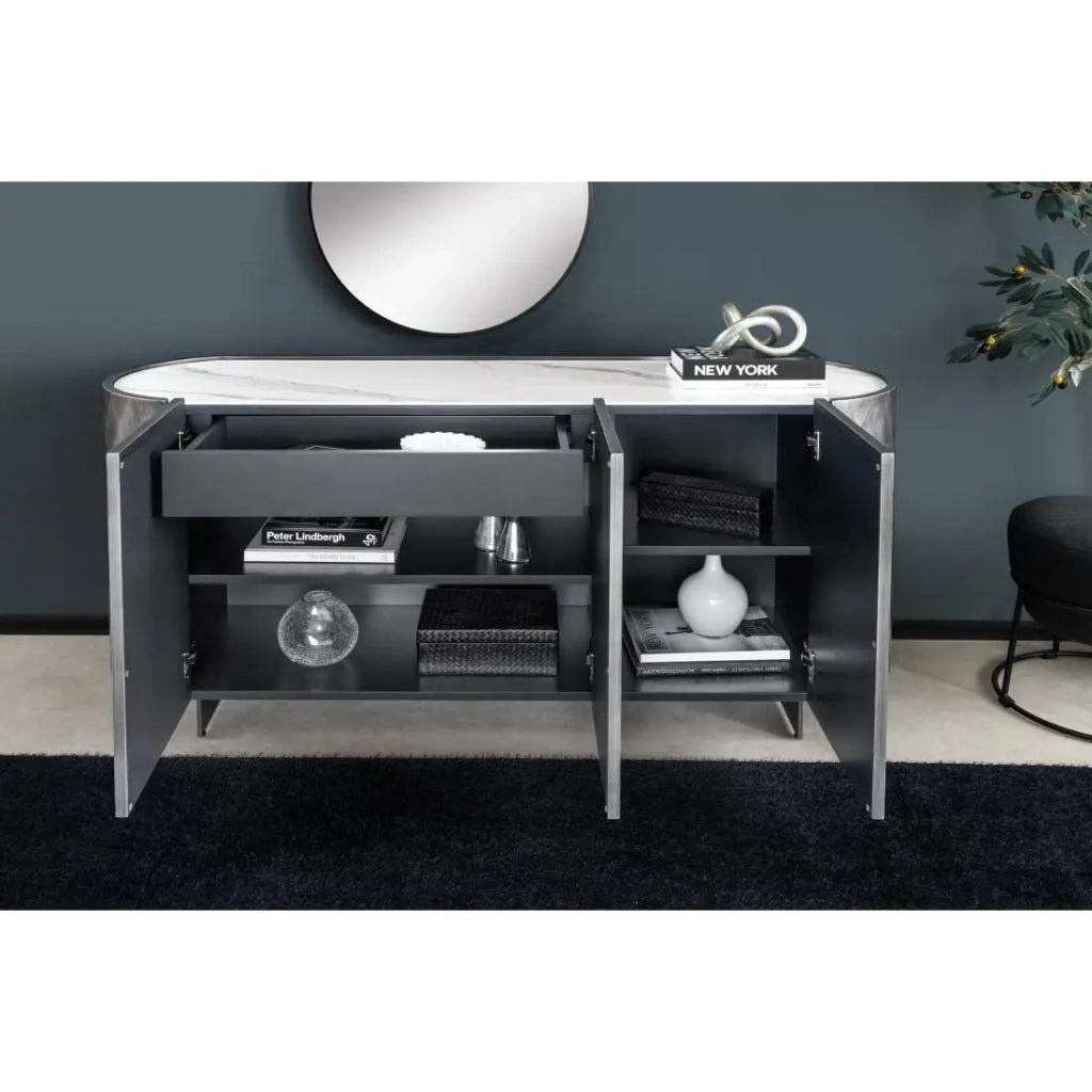 Buffet 150 cm 3 porte 1 cassetto grigio e marmo bianco – Collezione MILANO