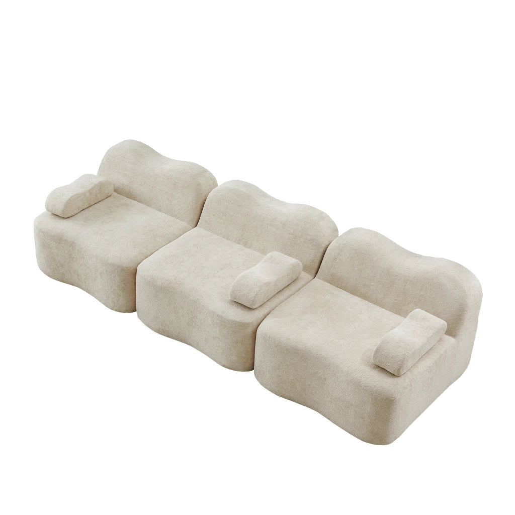 Divano modulare senza struttura in velluto beige, seduta profonda e schienali ergonomici