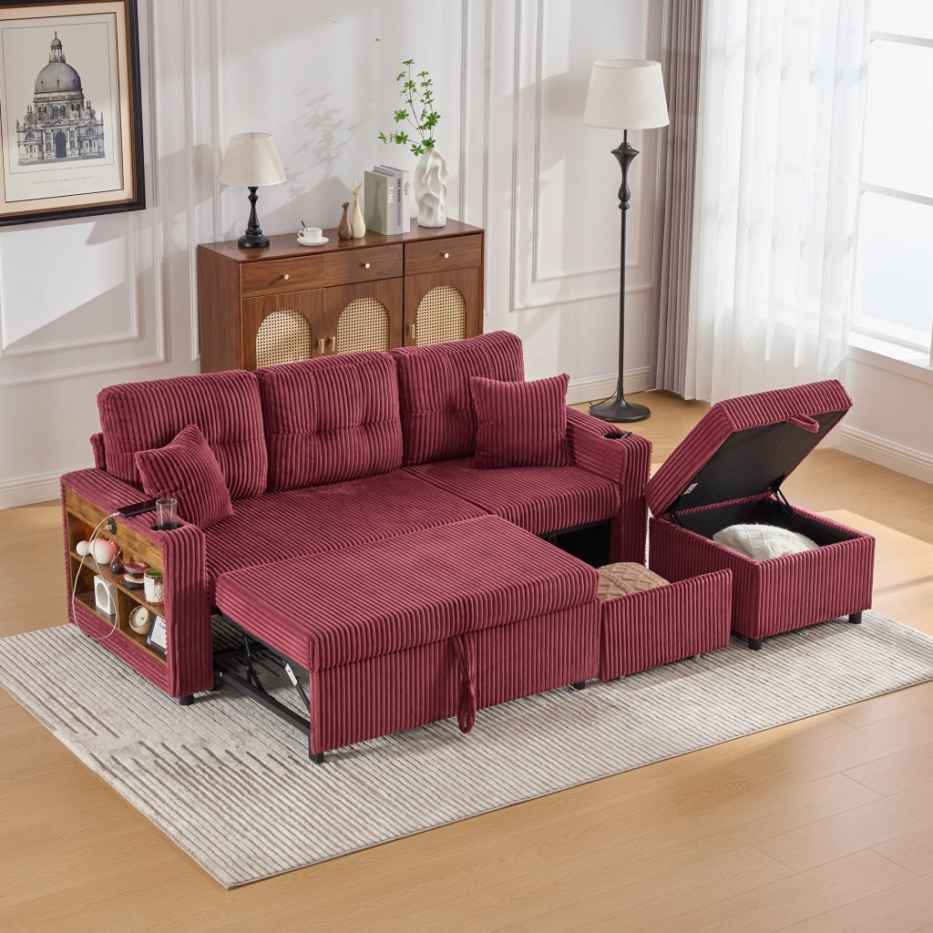 DIVANO Letto con contenitore 196x82-144x85 cm Tessuto a coste Rosso vino USB-C LED