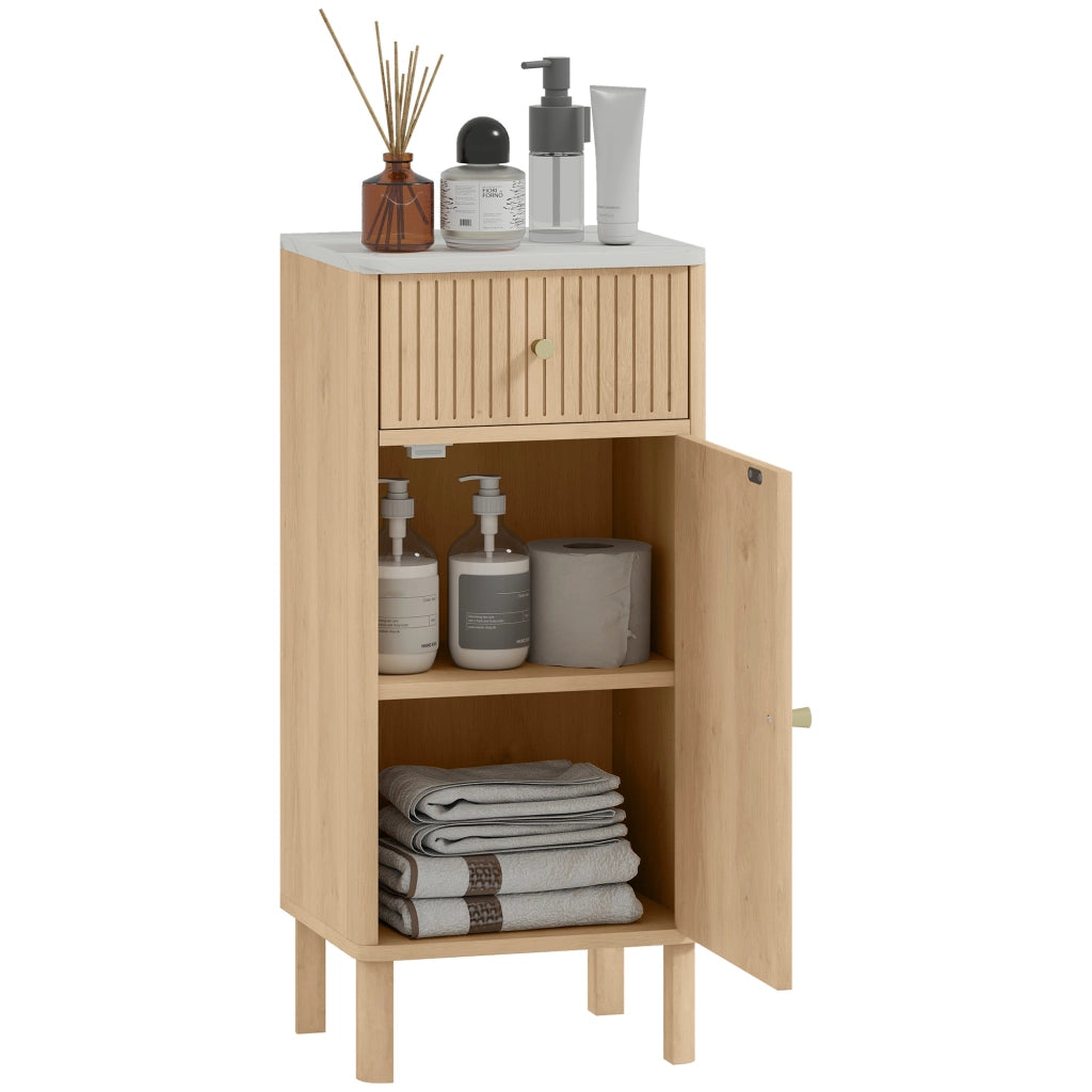 Mobiletto Bagno con Piano Effetto Marmo e Anta Scanalata ¨C Zephmum ¨C 36x30x80 cm Quercia