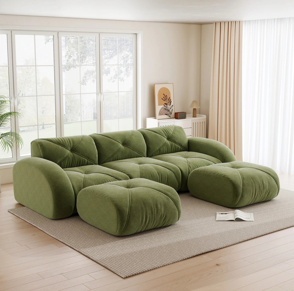 Divano modulare a U 3 posti con 2 pouf in ciniglia verde HOMVRA