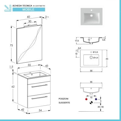 Mobile bagno sospeso 55 cm Smart olmo/lava con lavabo e specchio