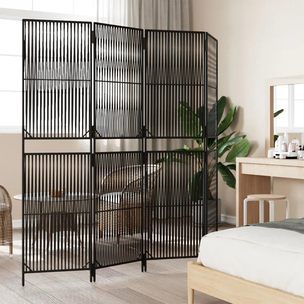 Divisorio per Ambienti | Divider per stanze | Paravento a 4 Pannelli Nero in Polyrattan