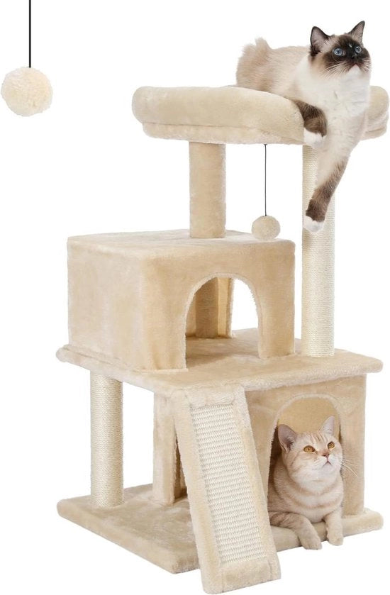 Cat tree con manico in legno e piumino letto morbido - Casa di gioco per gatti con buchi - Colore beige