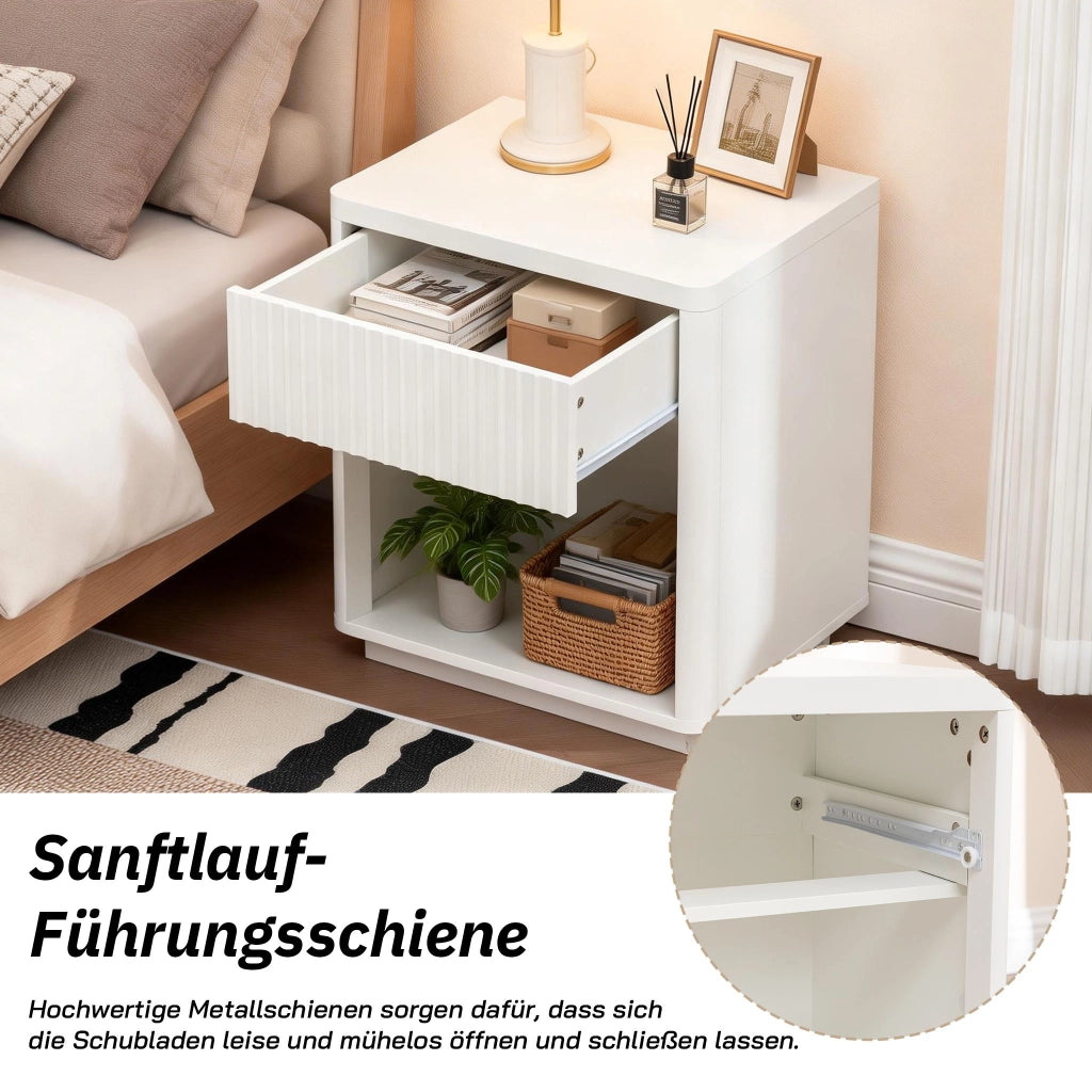 Comodino con cassetto e ripiano aperto in mdf bianco, design a onde, portata 60 kg