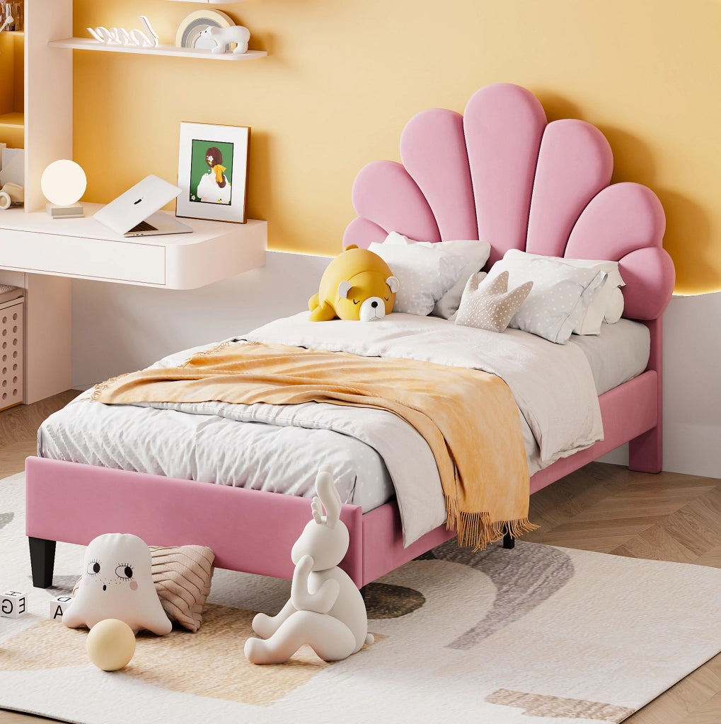 Letto imbottito con testiera floreale e rete a doghe 90 x 200 cm, rosa